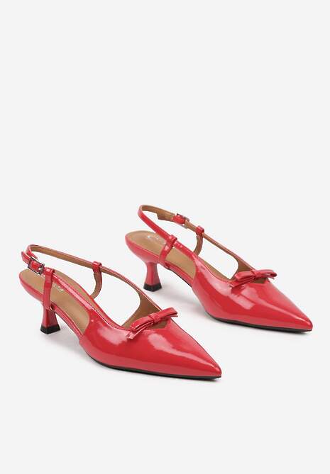 Czerwone Sandały Lakierowane na Kaczuszce Typu Slingback z Kokardą Nonarilin