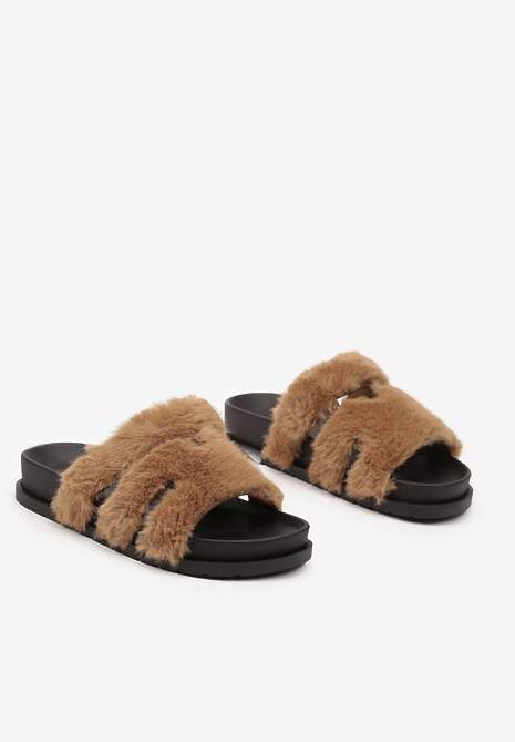 Brązowe Futrzane Klapki na Podeszwie z Pianki Balinea
