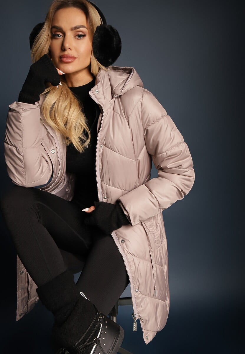 Beżowa Długa Pikowana Kurtka w Stylu Parki z Troczkiem w Pasie i Sztucznym Futerkiem Abelasa