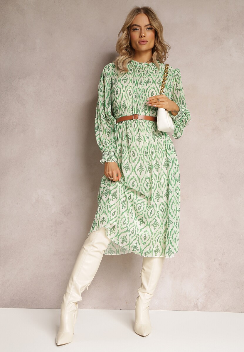 Zielona Sukienka w Etno Wzór z Paskiem i Plisowaniem Dorisia