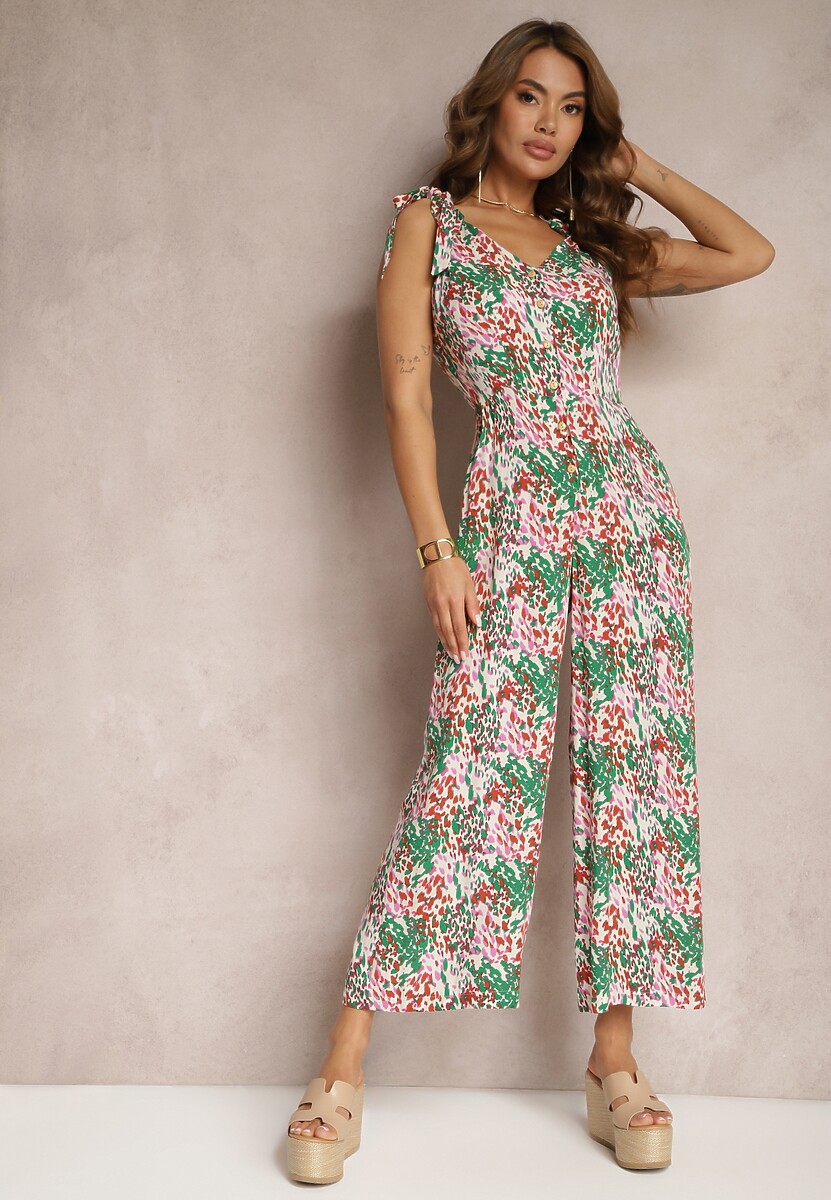 Niebiesko-Brązowy Długi Kombinezon z Wiązanymi Ramiączkami Ozdobiony Mozaikowym Wzorem Jarnsaxa