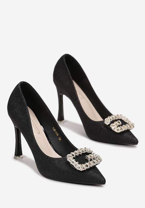 Czarne Szpilki Brokatowe ze Szpiczastym Noskiem i Cyrkoniami Feren