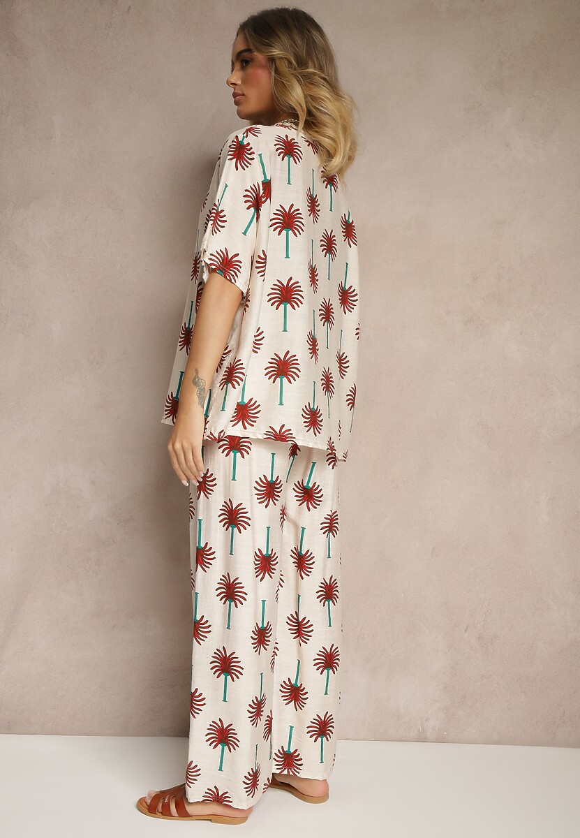 Bordowy Komplet z Wiskozy Zdobiony Printem w Palmy Szerokie Spodnie i T-shirt Zioleana