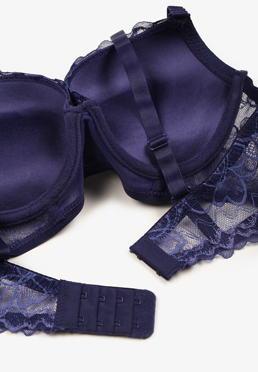 Niebieski Biustonosz Push Up z Ozdobną Koronką Neamitra