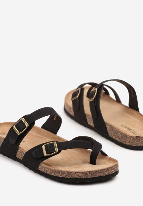 Czarne Klapki Japonki ze Sprzączkami na Podeszwie z Imitacji Korka Idanavia