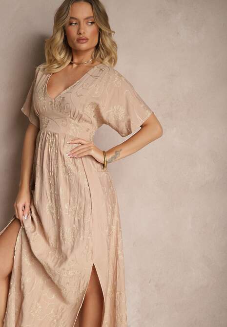 Beżowa Sukienka z Wiskozy Ozdobiona Haftem i Metaliczną Nicią Ivelvesa