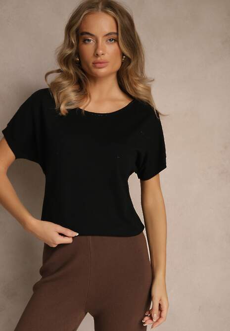 Czarna Dzianinowa Bluzka z Cyrkoniowymi Aplikacjami Fenellia