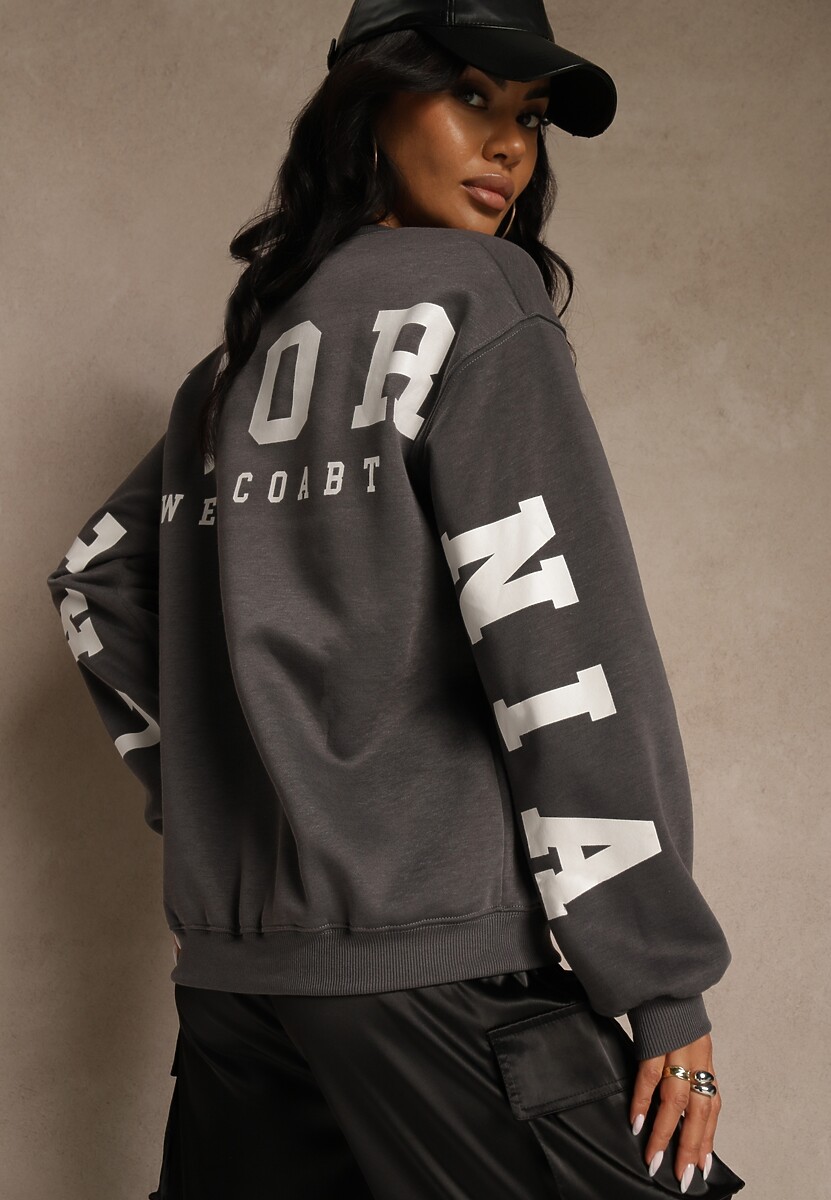 Szara Bluza Ocieplana z Bawełną Ozdobiona Napisem Fezurra