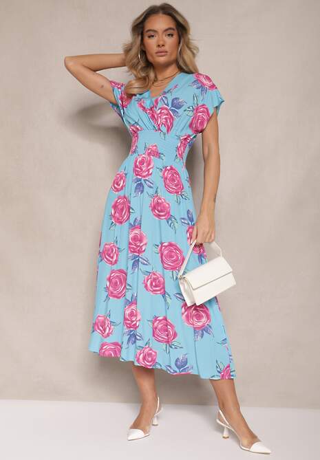 Niebieska Kwiatowa Sukienka z Bawełną i Kopertowym Dekoltem Tdivaria