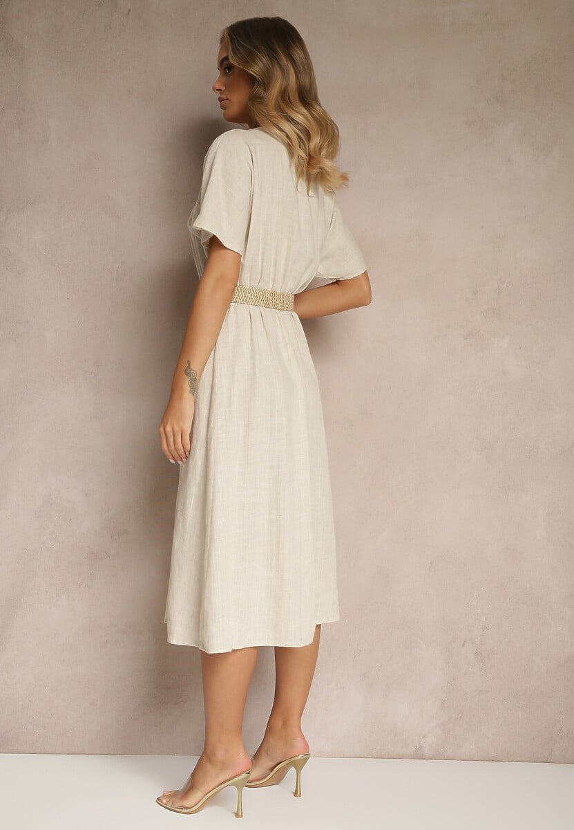 Beżowa Koszulowa Sukienka Midi z Bawełny z Gumką w Talii i Plecionym Paskiem Emera