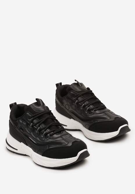 Czarne Sneakersy z Ozdobnym Sznurowaniem i Przeszyciami Tiwaelia