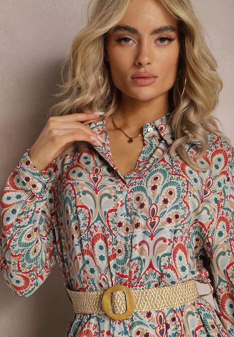 Zielono-Czerwona  Koszulowa Sukienka z Dodatkowym Paskiem i Podpinanymi Rękawami Alonie