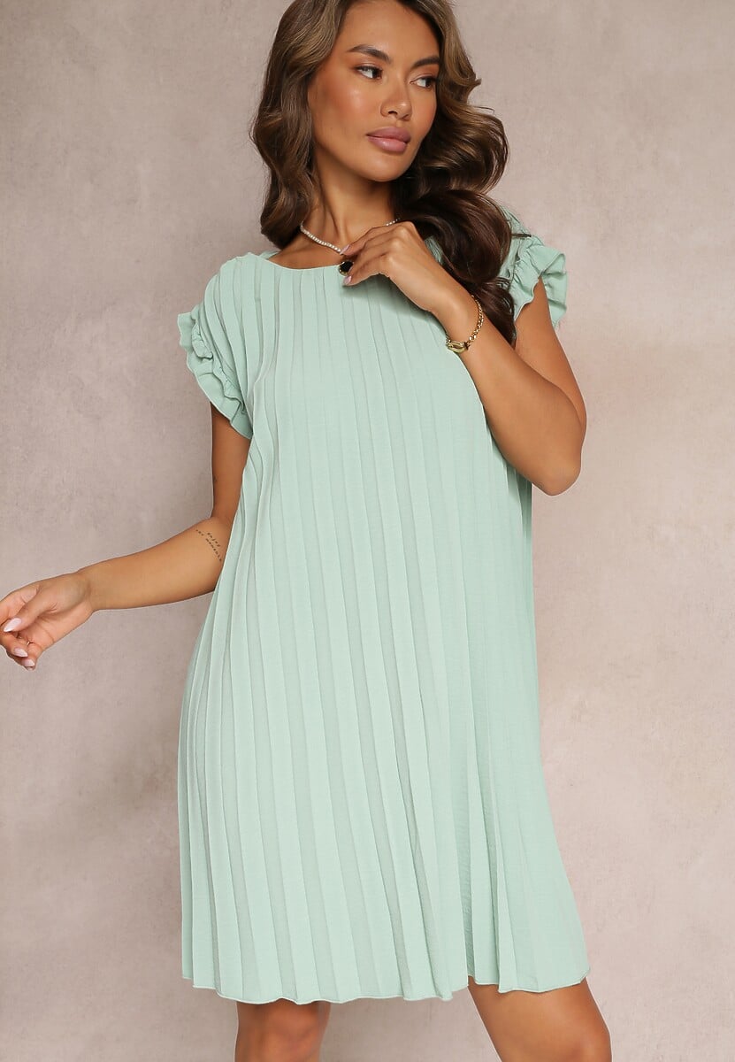 Biała Plisowana Sukienka Mini z Falbankami z Bawełny i Wiskozy Trinida