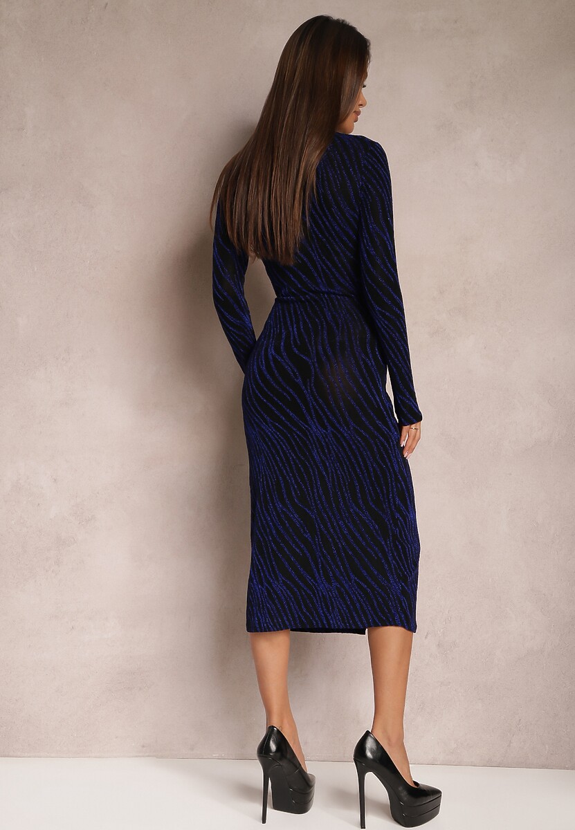 Granatowa Połyskująca Sukienka Kopertowa Midi Zaola