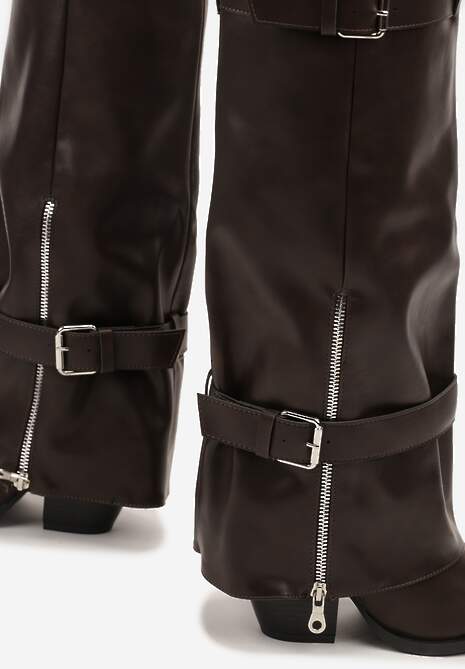 Brązowe Kozaki na Stożku z Cholewką Imitującą Nogawkę z Klamrami i Suwakiem Erseria