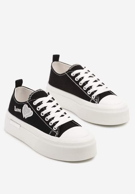 Czarne Trampki na Platformie z Ozdobnym Napisem i Sercem Laviere