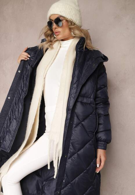 Granatowa Kurtka za Kolano Pikowana z Wiązanym Paskiem Cealia