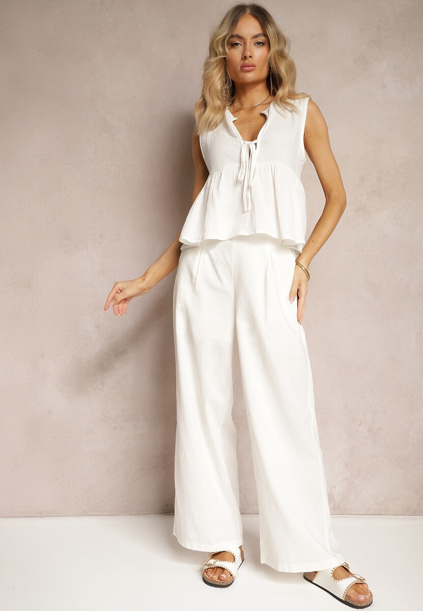 Białe Spodnie z Bawełny i Lnem High Waist Kolalia