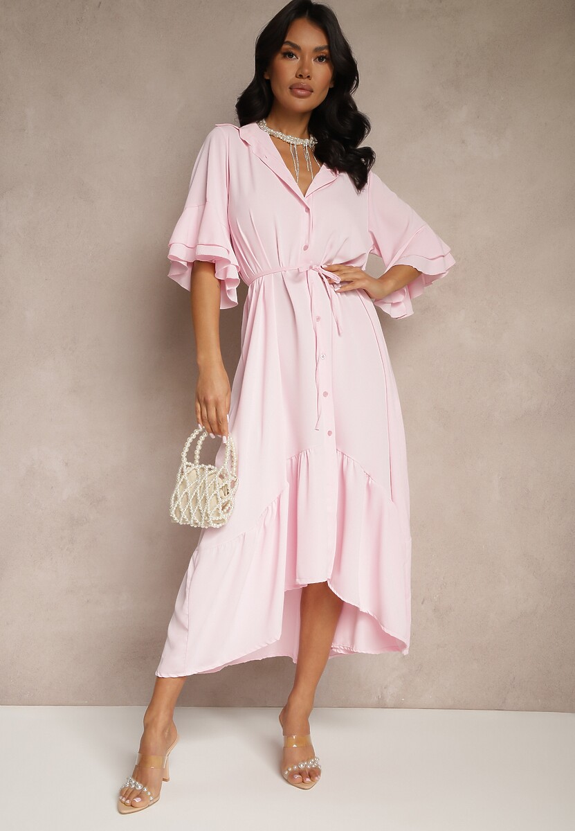 Różowa Koszulowa Sukienka Ozdobiona Falbanką Ransara