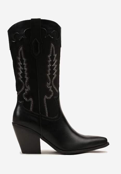Czarne Botki Typu Kowbojki na Stożku z Haftowaną Cholewką Nalaveia