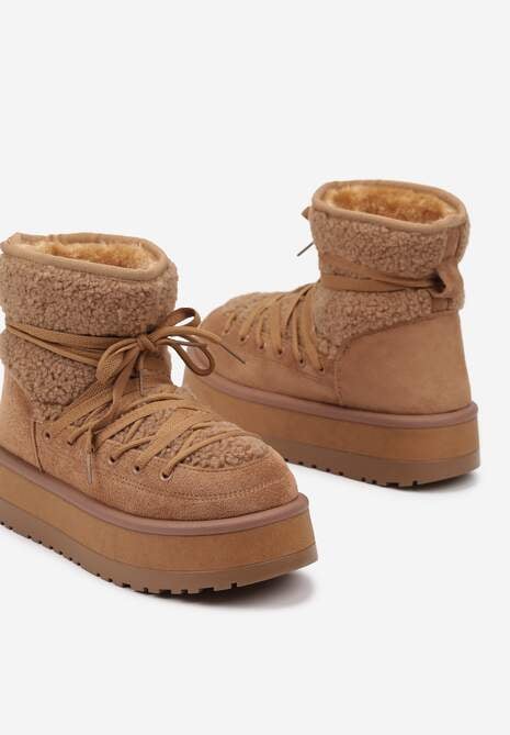 Brązowe Śniegowce na Platformie Ozdobione Sznurowaniem Sinessia