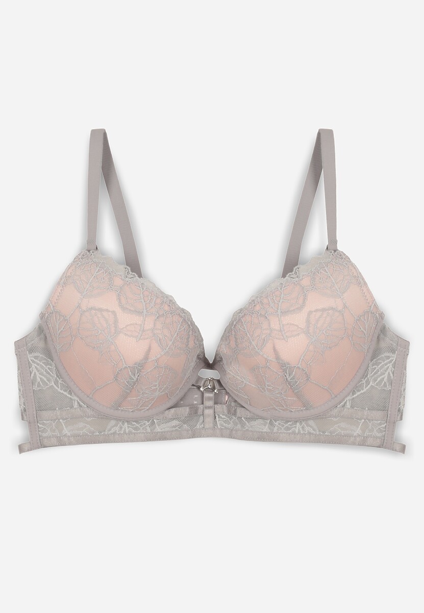 Szaro-Różowy Koronkowy Biustonosz w Klasycznym Stylu z Aplikacją Galinassa