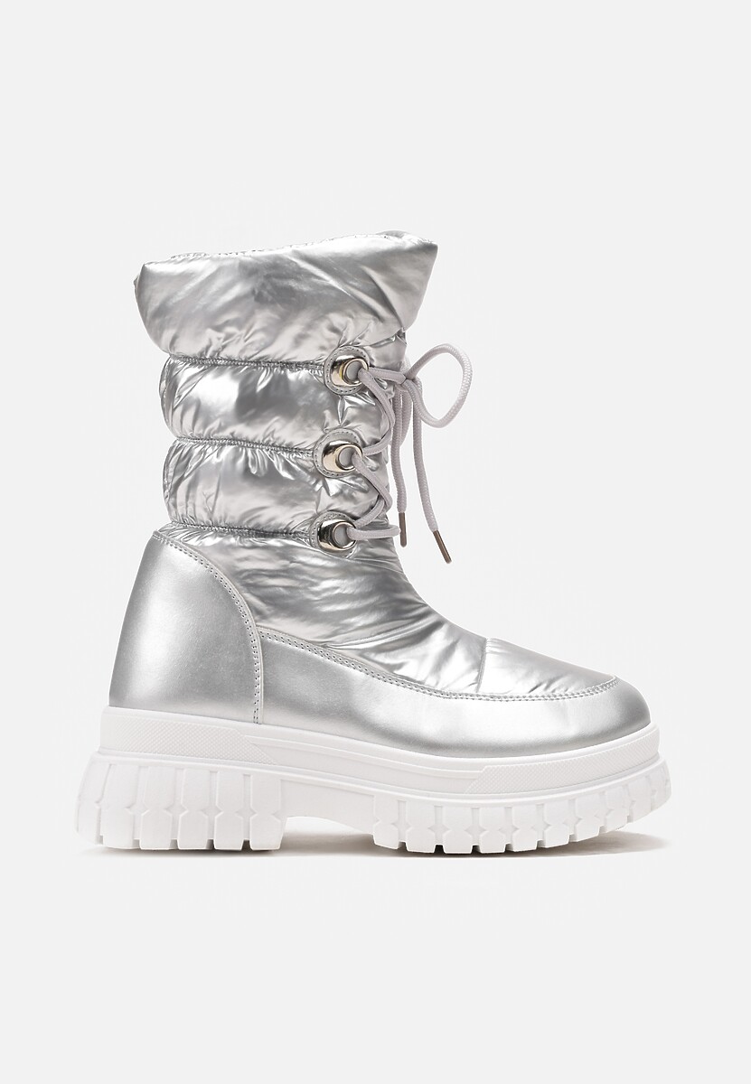 Srebrne Sznurowane Śniegowce z Ozdobnym Pikowaniem i Połyskiem Birala