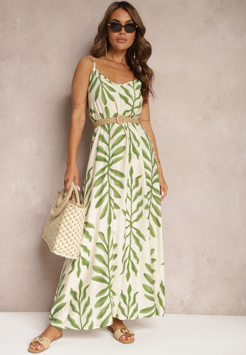 Beżowo-Zielona Wiskozowa Sukienka o Rozkloszowanym Kroju na Regulowanych Cienkich Ramiączkach Dimrrina