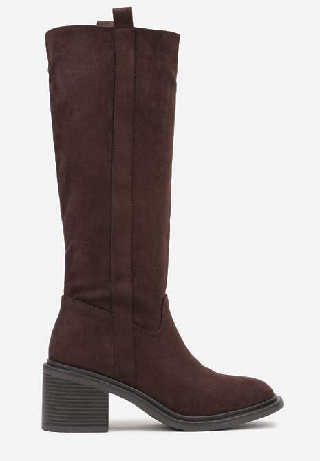 Brązowe Kozaki Oficerki Vices na Obcasie Zdobione Paskami przy Cholewce Giorela