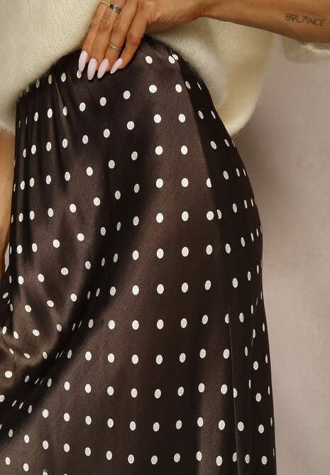 Brązowa Satynowa Spódnica z Wiskozy w Groszki o Rozkloszowanym Kroju Fediska