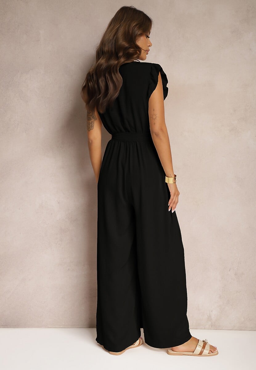 Czarny Koktajlowy Kombinezon Wiązany Paskiem Wykończony Falbankami przy Ramionach Vimaseni