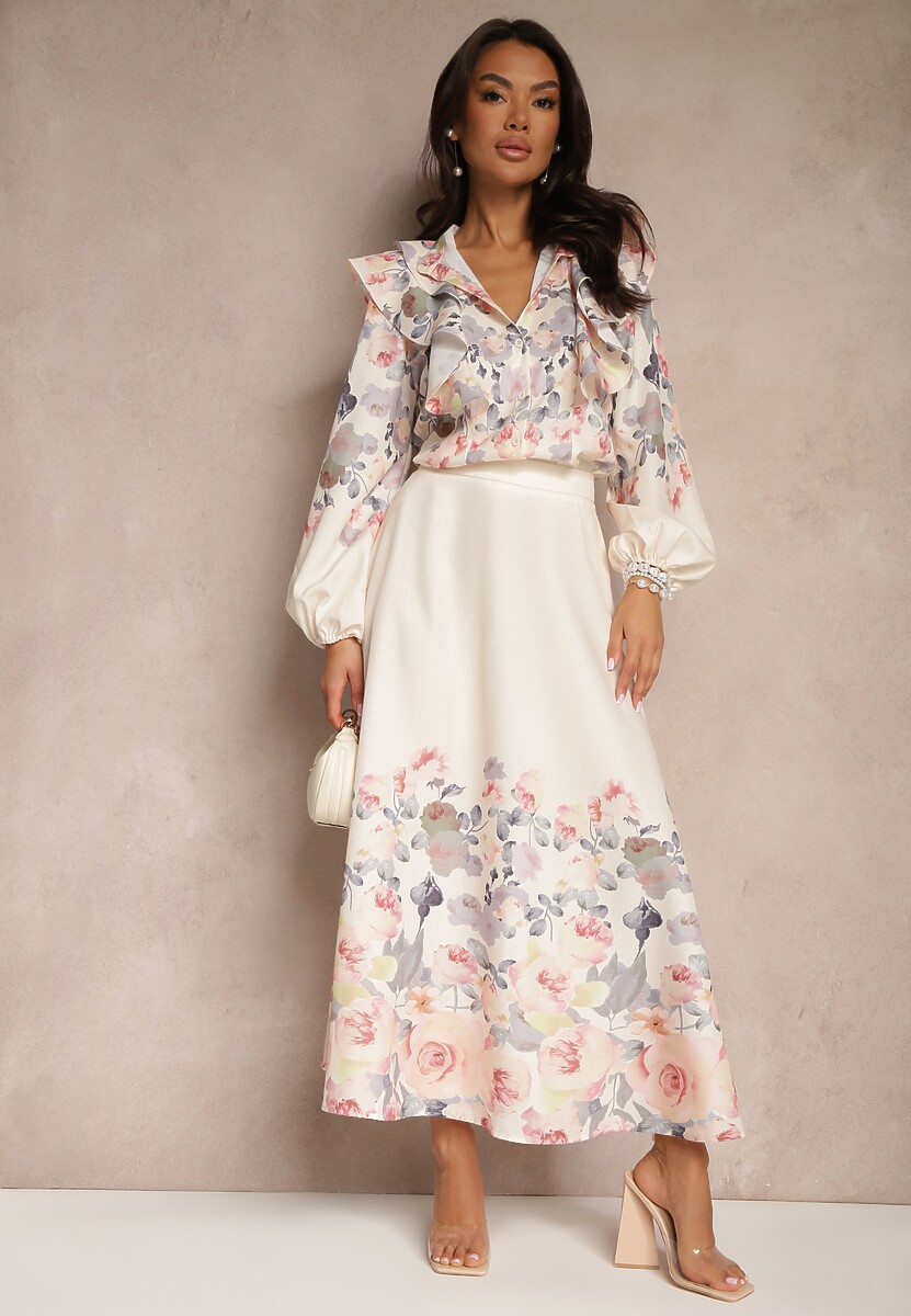 Beżowy Wiskozowy Kwiatowy Komplet z Bawełną Spódnica i Koszula Taliossa