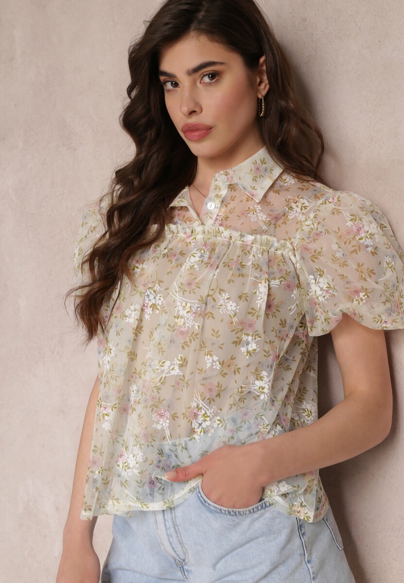 Beżowa Siateczkowa Bluzka w Kwiaty z Kołnierzem Kiasia