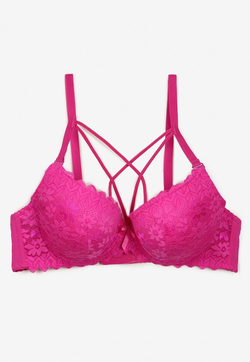 Fuksjowy Biustonosz z Koronki o Fasonie Full Cup z Ozdobnymi Paskami na Dekolcie Gamela