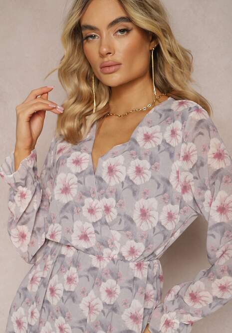 Szaro-Różowa Krótka Sukienka w Kwiatowy Wzór z Dekoltem V Icarba