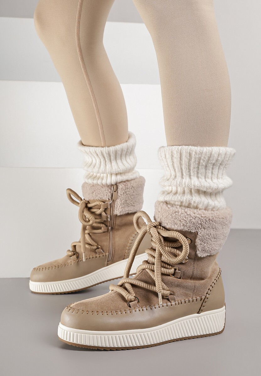 Ciemnobeżowe Śniegowce Zdobione Futrem i Przeszyciami Genilea