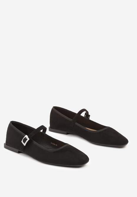 Czarne Balerinki z Imitacji Zamszu z Kwadratowym Noskiem i Zapięciem na Sprzączkę Ivaleria