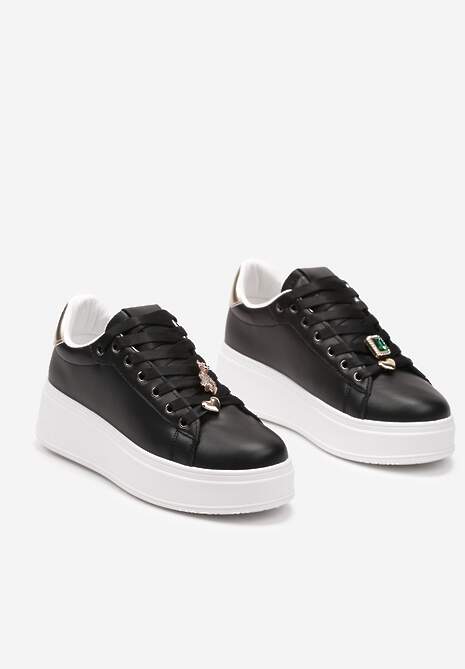 Czarno-Złote Sneakersy na Platformie z Metalowymi Zawieszkami i Cyrkoniami Nioko