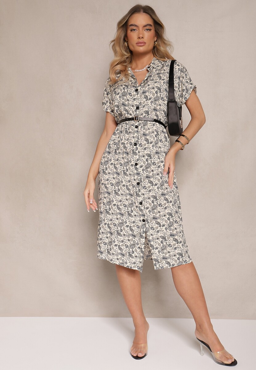 Czarna Sukienka z Bawełny w Print Paisley o Koszulowym Kroju Celluria