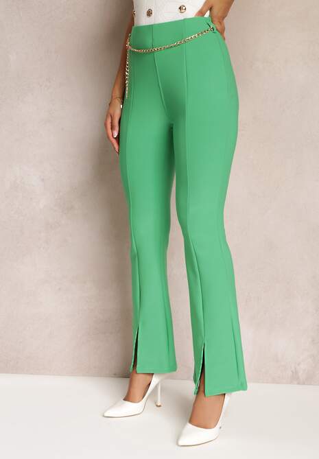 Zielone Materiałowe Spodnie Dzwony z Ozdobnym Łańcuszkiem Amelana