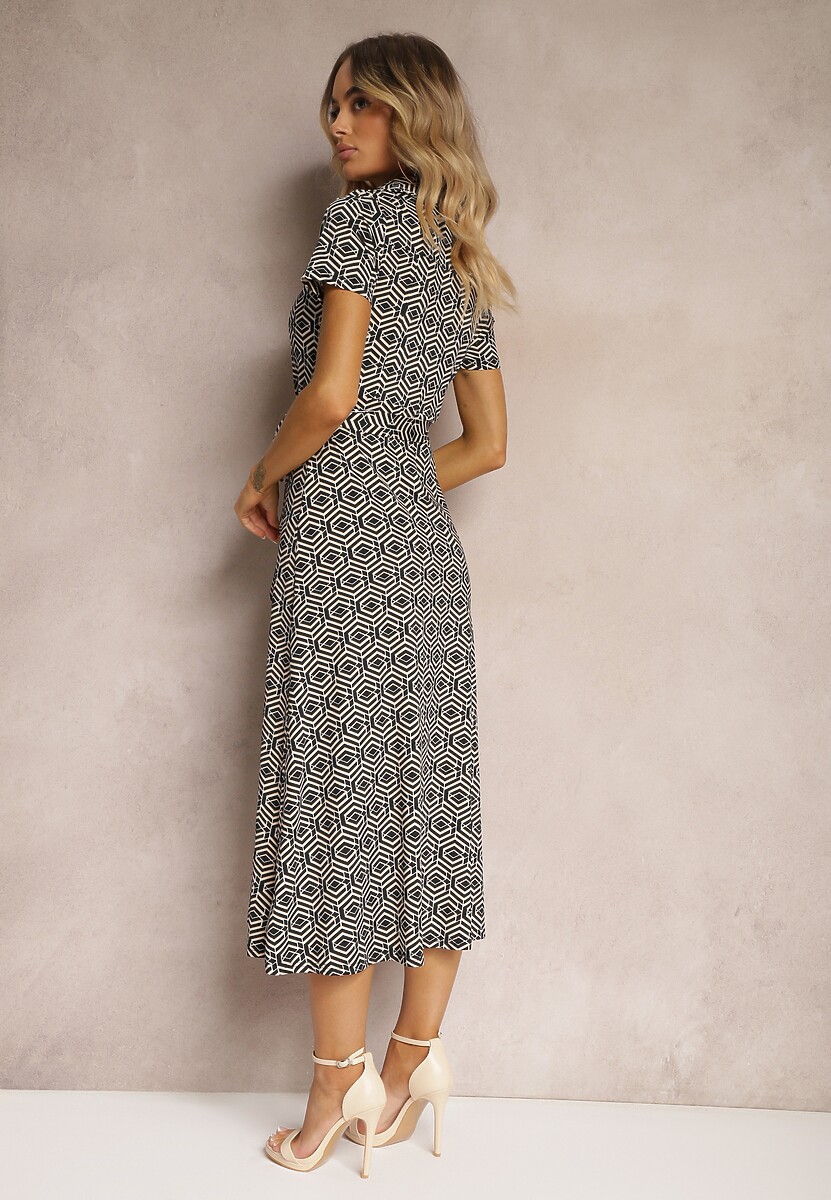 Czarna Koszulowa Sukienka w Geometryczny Wzór Zapinana na Guziki Xarrah