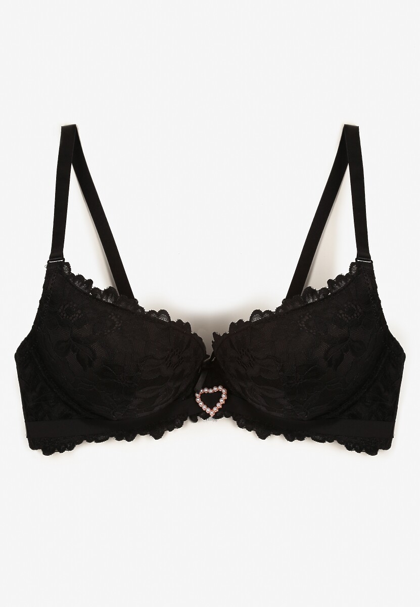 Czarny Koronkowy Biustonosz z Sercem z Cyrkonii i Koronką Nelanisea