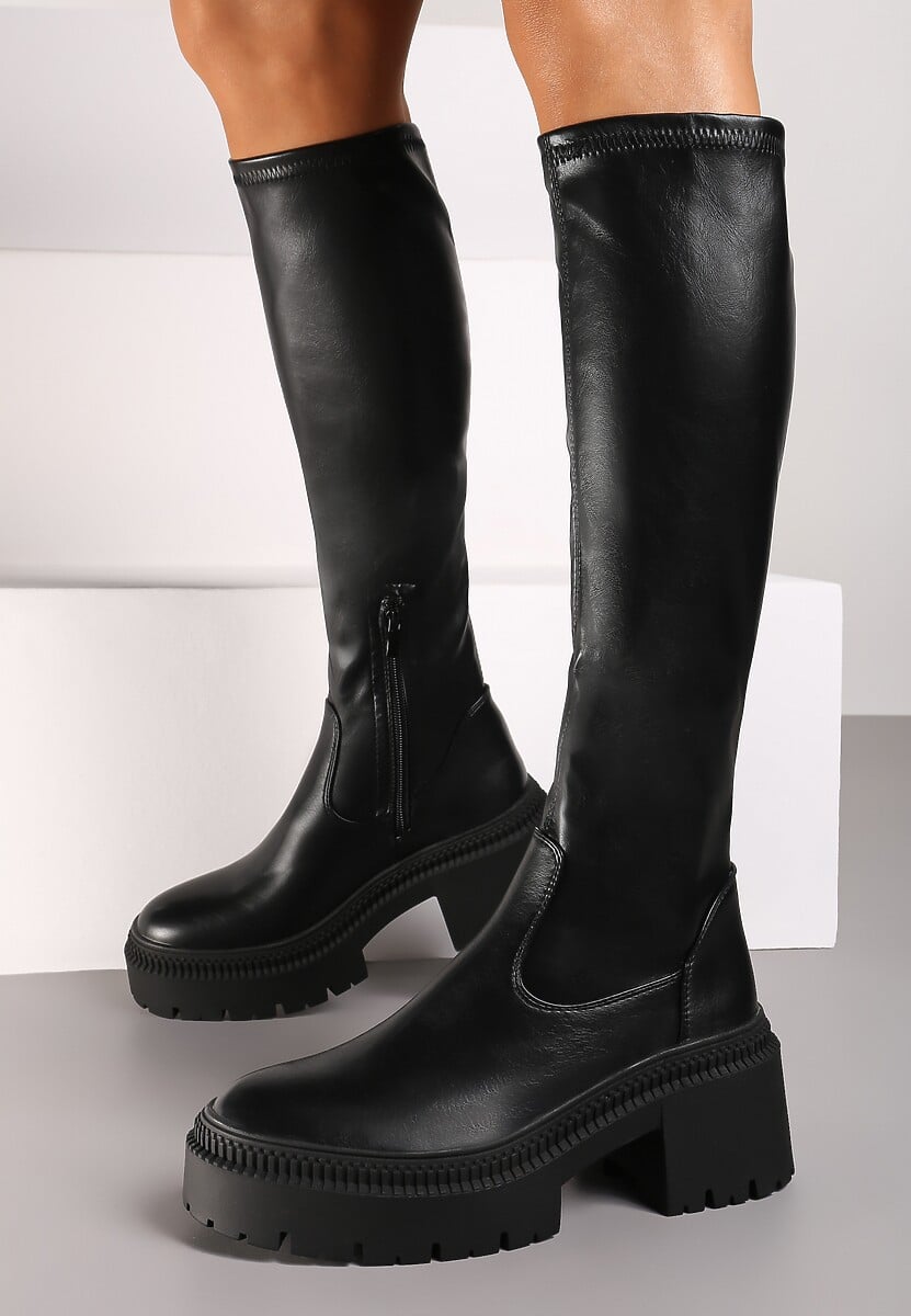 Czarne Kozaki na Obcasie Typu Słupek z Wysoką Dopasowaną Cholewką Laoliana