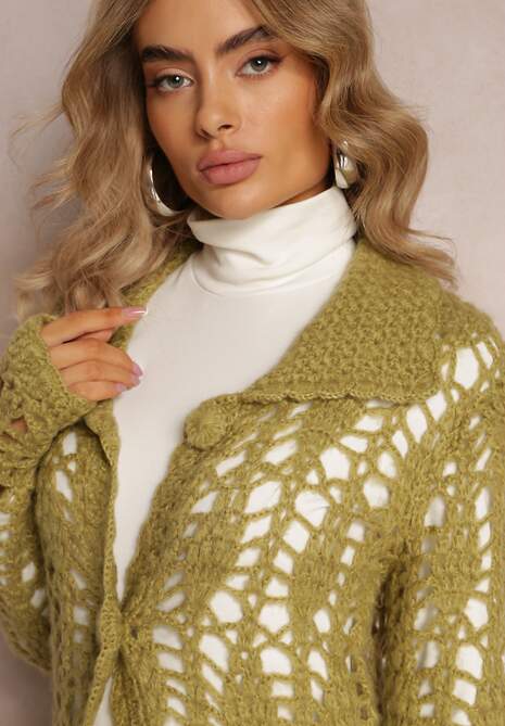 Zielony Luźny Kardigan Ażurowy na Guziki Sieneos