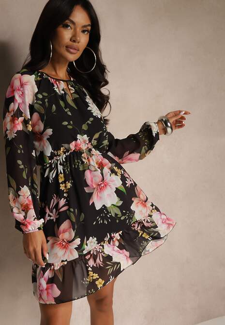 Czarna Rozkloszowana Sukienka Ozdobiona Kwiatowym Wzorem Zerovia