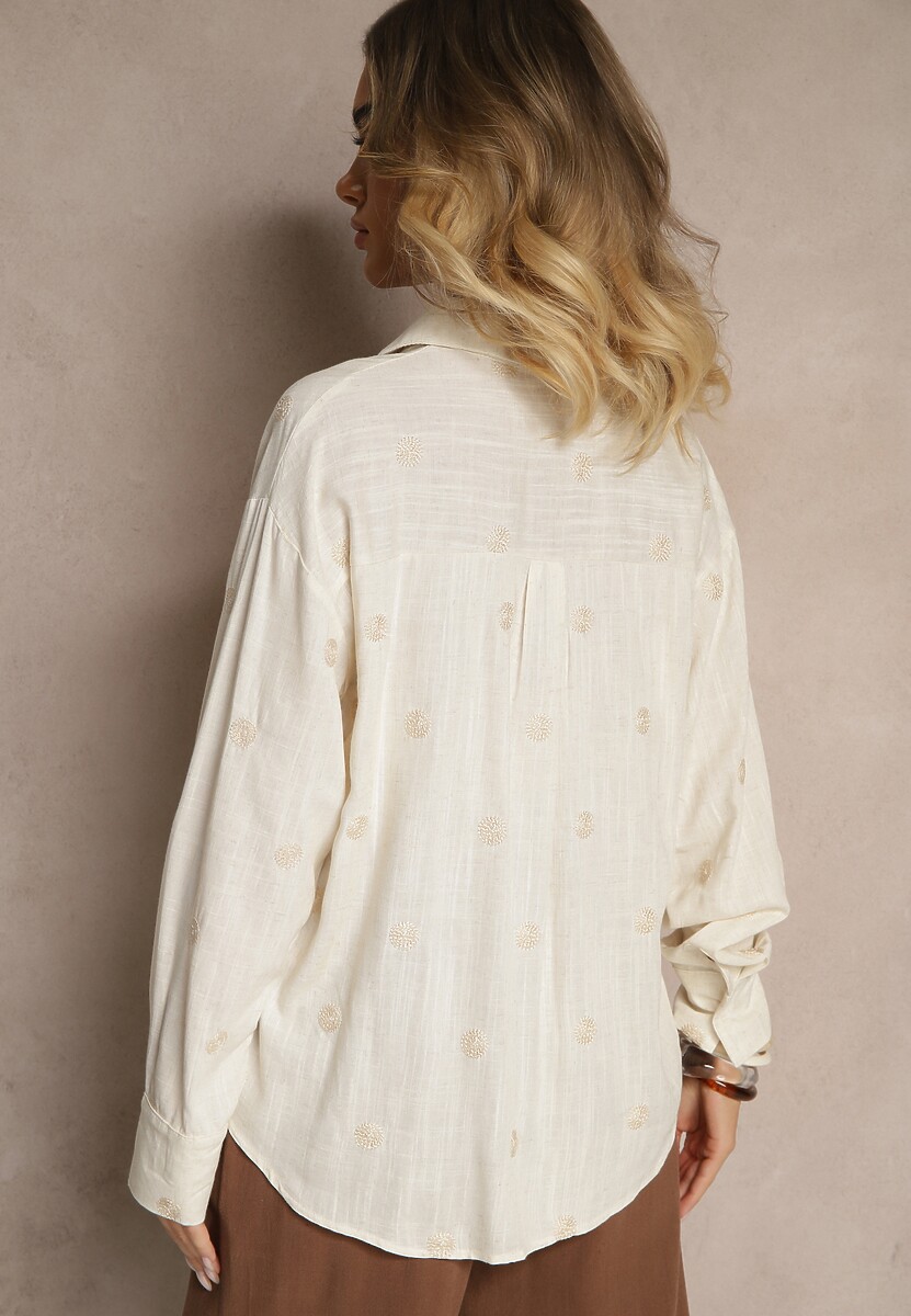 Beżowa Koszula z Lnem Wiskozą i Haftowanym Wzorem Lisarielis