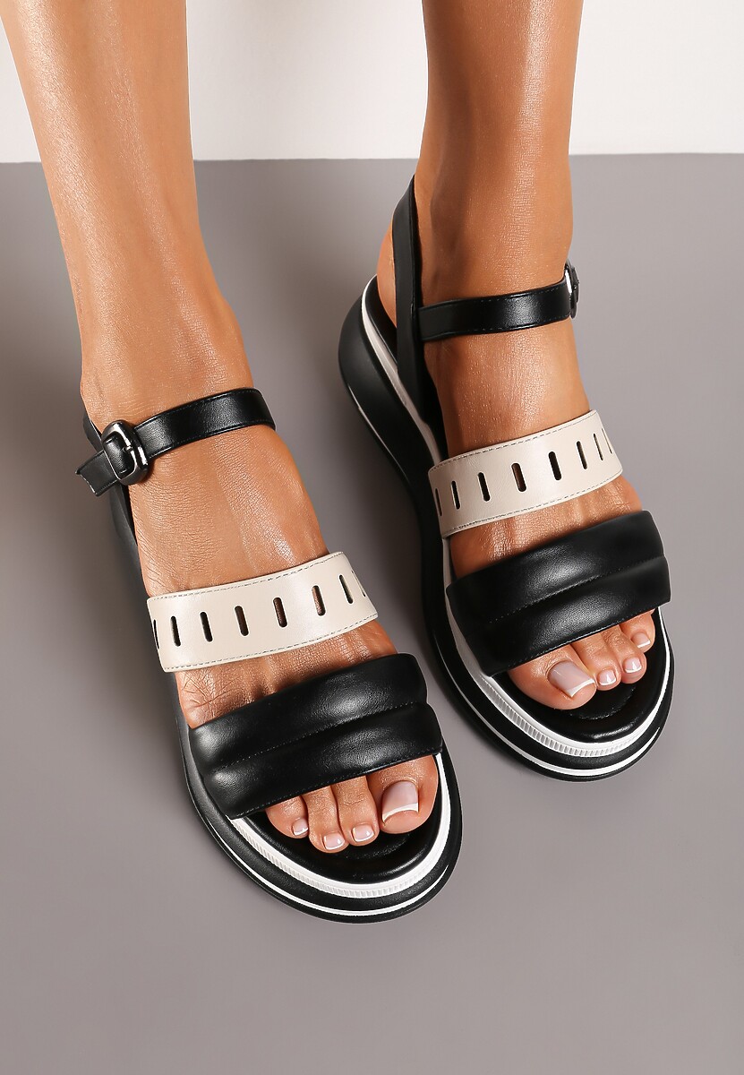 Czarno-Beżowe Płaskie Sandały z Ekoskóry na Grubej Podeszwie z Zapięciem na Sprzączkę Vloelie