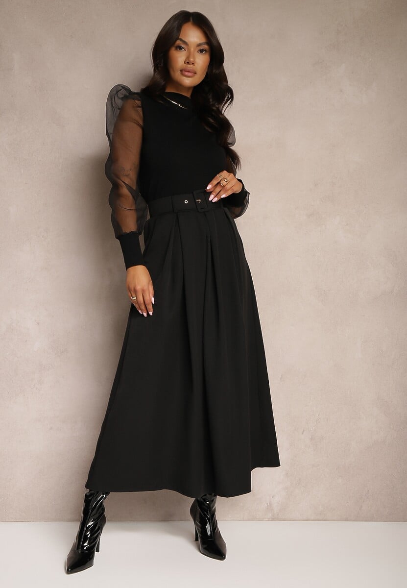 Czarna Spódnica z Wiskozą o Rozkloszowanym Kroju z Paskiem i Gumką w Talii Prianna