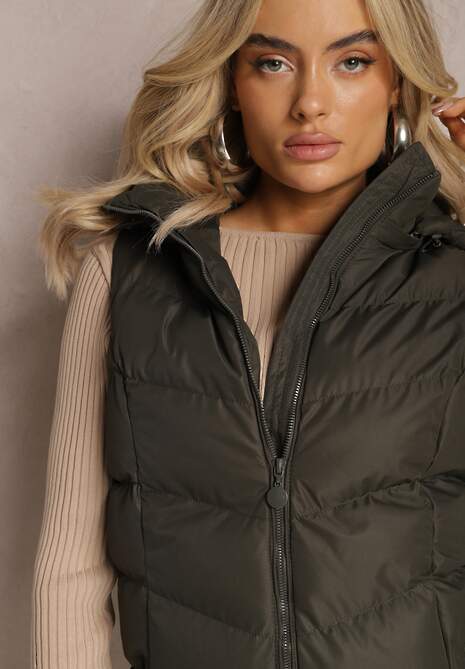 Ciemnozielona Pikowana Kamizelka z Kapturem na Suwak Ritase