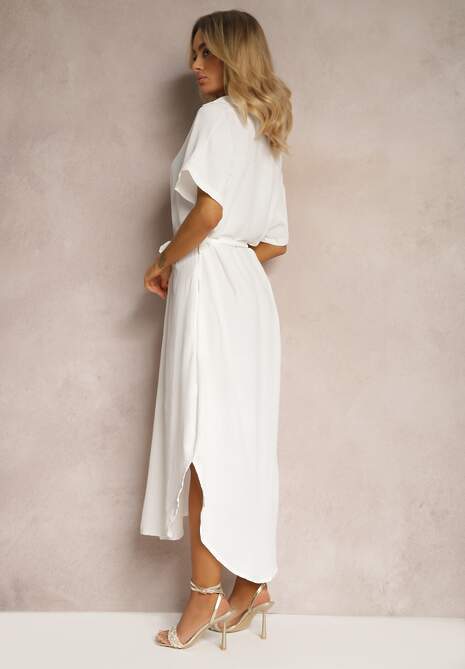 Biała Koszulowa Sukienka z Wiskozy z Materiałowym Paskiem w Talii Gialara